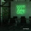 Good Vibes Only neon sign in green for home, bar, or garage wall decor.