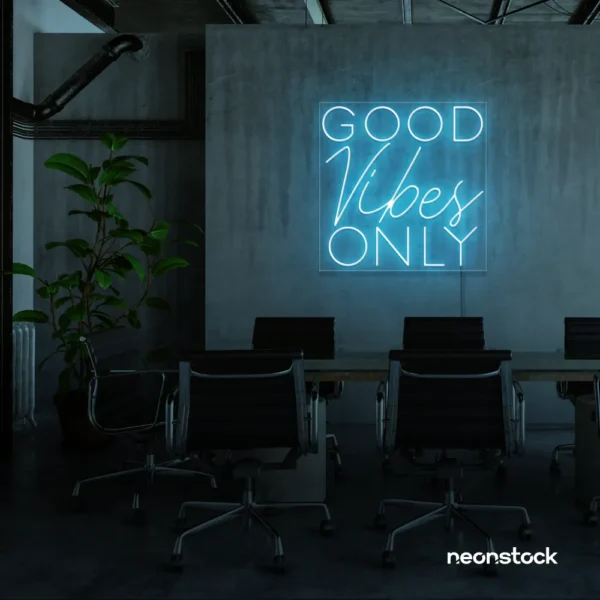 Good Vibes Only neon sign in ice blue for home, bar, or garage wall decor.