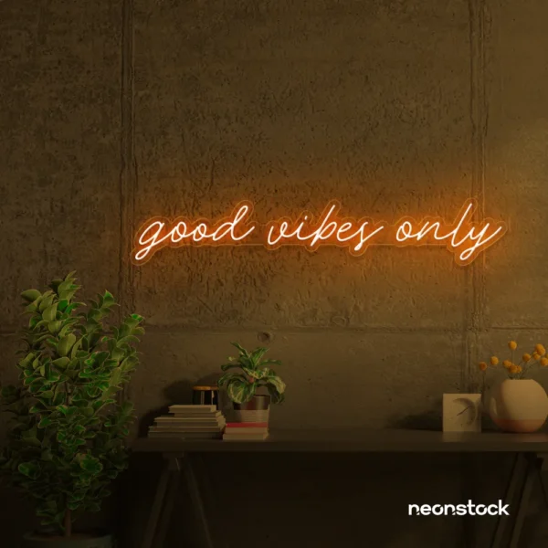 Good Vibes Only neon sign in orange for dorm rooms, coffee shops, and positivity-filled spaces.