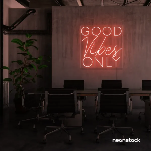 Good Vibes Only neon sign in peachy pink for home, bar, or garage wall decor.