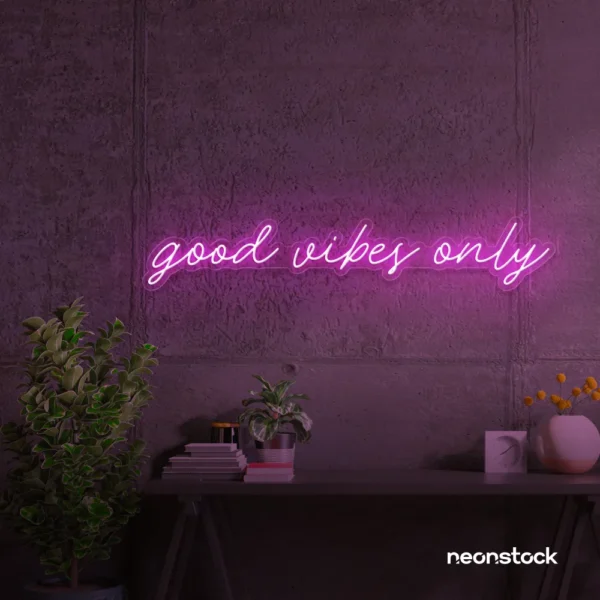 Good Vibes Only neon sign in pink for dorm rooms, coffee shops, and positivity-filled spaces.