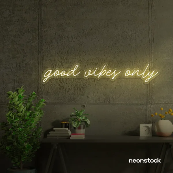 Good Vibes Only neon sign in warm white for dorm rooms, coffee shops, and positivity-filled spaces.