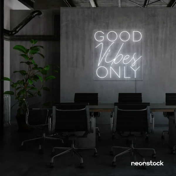 Good Vibes Only neon sign in white for home, bar, or garage wall decor.