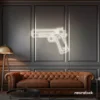 Gun neon sign in neutral white – edgy LED wall decor for modern spaces and game rooms.