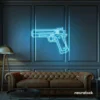 Gun neon sign in ice blue – edgy LED wall decor for modern spaces and game rooms.
