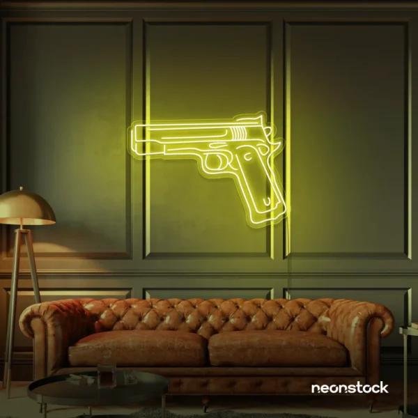 Gun neon sign in lemon yellow – edgy LED wall decor for modern spaces and game rooms.