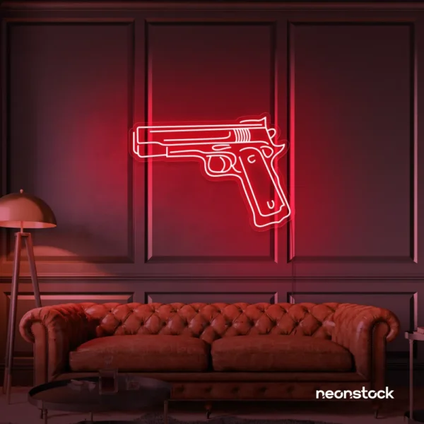 Gun neon sign in red – edgy LED wall decor for modern spaces and game rooms.