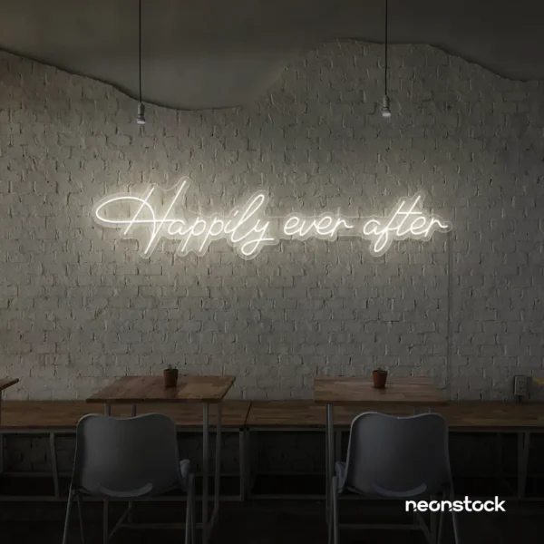 Happily Ever neon sign in Neutral white for wedding decor