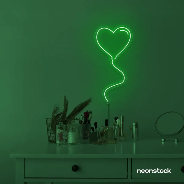 Heart balloon neon sign in deep green for kids' rooms, Valentine's Day decor, and romantic wall styling.