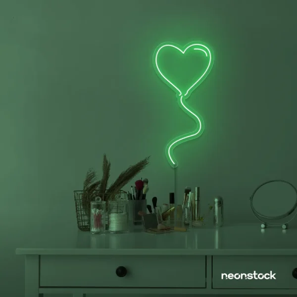 Heart balloon neon sign in green for kids' rooms, Valentine's Day decor, and romantic wall styling.