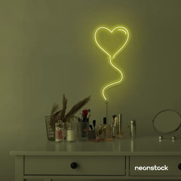 Heart balloon neon sign in lemon yellow for kids' rooms, Valentine's Day decor, and romantic wall styling.