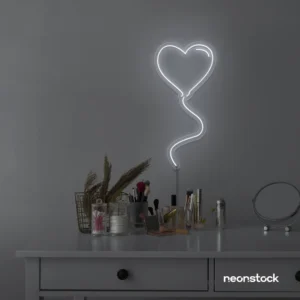 Heart balloon neon sign in white for kids' rooms, Valentine's Day decor, and romantic wall styling.