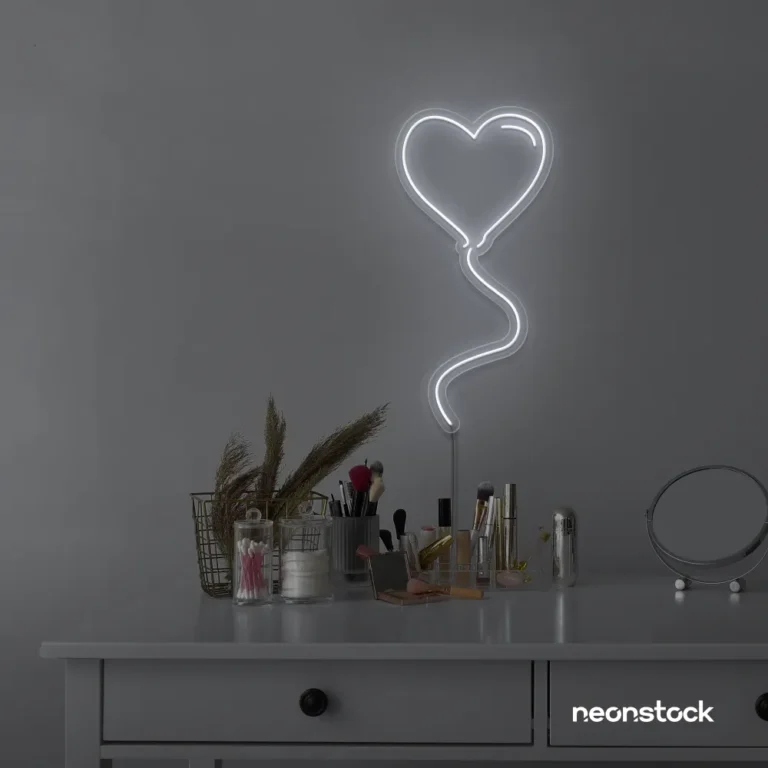 Heart balloon neon sign in white for kids' rooms, Valentine's Day decor, and romantic wall styling.
