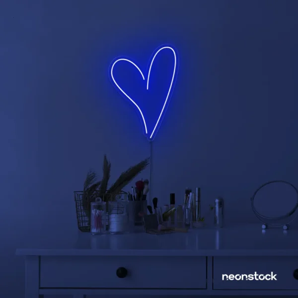 Heart neon sign in dark blue for beauty salons, home decor, dorm rooms, and Valentine's Day themes.