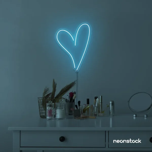 Heart neon sign in ice blue for beauty salons, home decor, dorm rooms, and Valentine's Day themes.