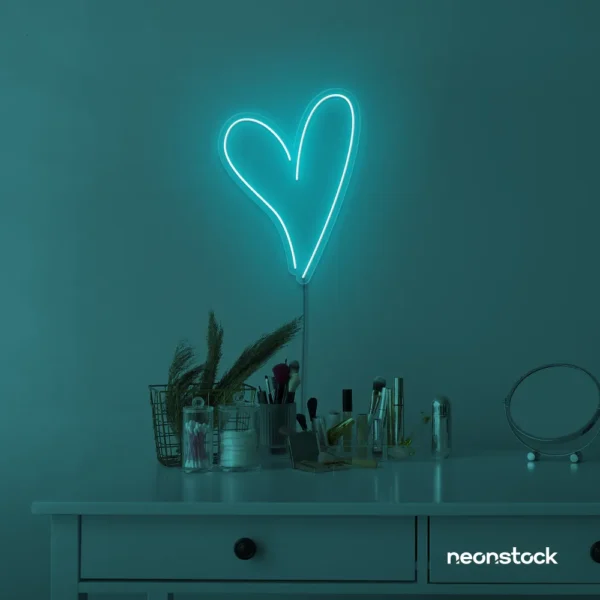 Heart neon sign in mint green for beauty salons, home decor, dorm rooms, and Valentine's Day themes.