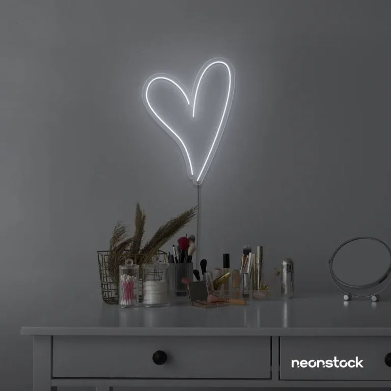 Heart neon sign in white for beauty salons, home decor, dorm rooms, and Valentine's Day themes.