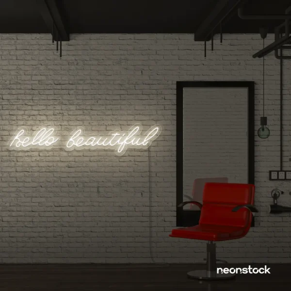 Hello Beautiful neon sign in neutral white for beauty salons, makeup rooms, and glam decor.