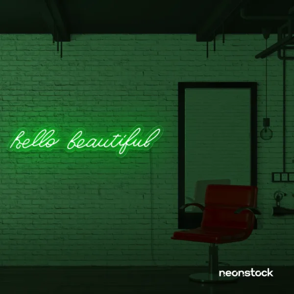 Hello Beautiful neon sign in deep green for beauty salons, makeup rooms, and glam decor.