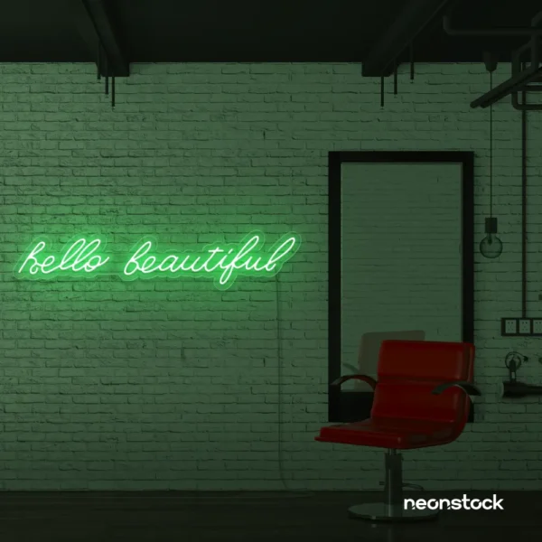 Hello Beautiful neon sign in green for beauty salons, makeup rooms, and glam decor.