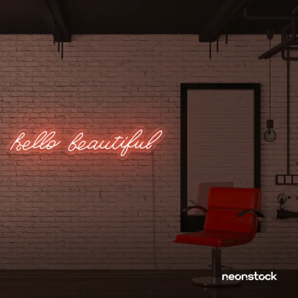 Hello Beautiful neon sign in peachy pink for beauty salons, makeup rooms, and glam decor.