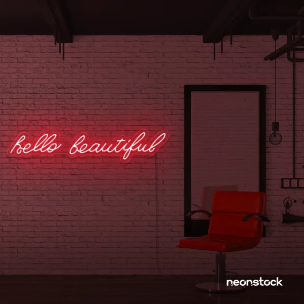Hello Beautiful neon sign in red for beauty salons, makeup rooms, and glam decor.