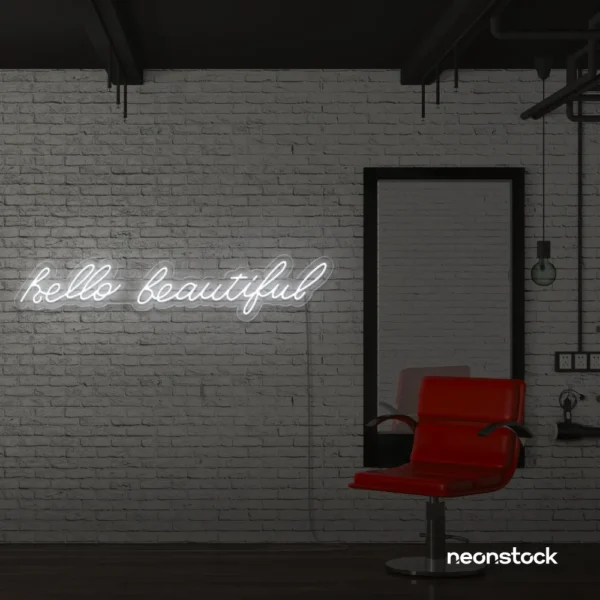 Hello Beautiful neon sign in white for beauty salons, makeup rooms, and glam decor.
