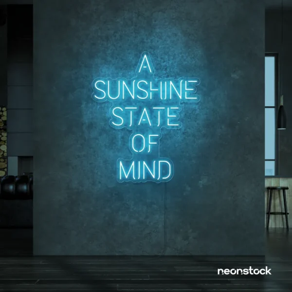 A Sunshine State of Mind neon sign in ice blue for beachy decor, positive vibes, and cozy spaces.