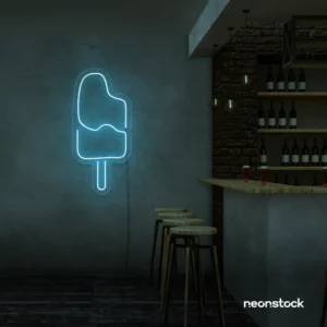 Ice Cream Popsicle neon sign in ice blue for dessert cafés, ice cream parlors, and playful restaurant decor.