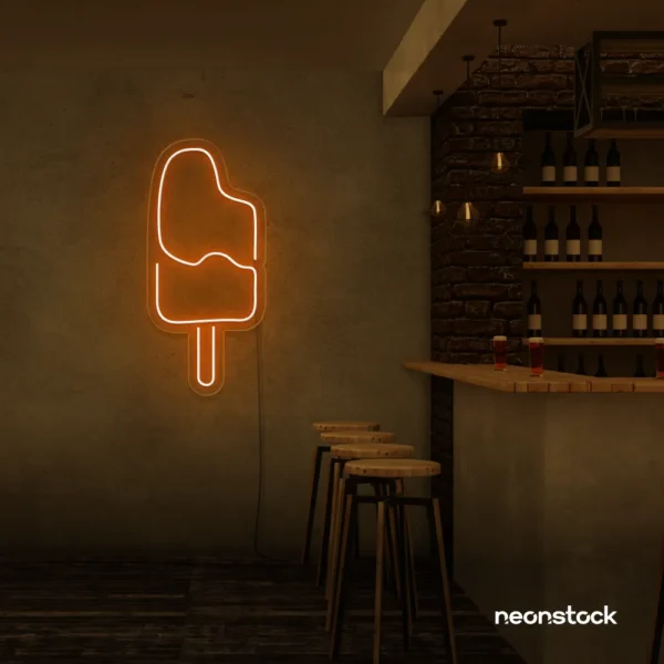 Ice Cream Popsicle neon sign in orange for dessert cafés, ice cream parlors, and playful restaurant decor.