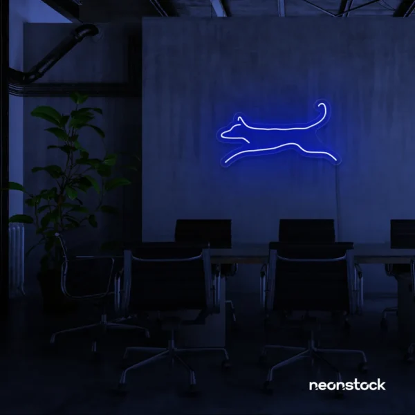 Dog neon sign in dark blue – playful LED light decor for dog lovers and pet spaces.