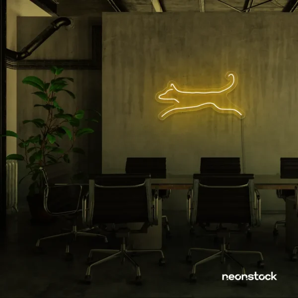 Dog neon sign in golden yellow – playful LED light decor for dog lovers and pet spaces.
