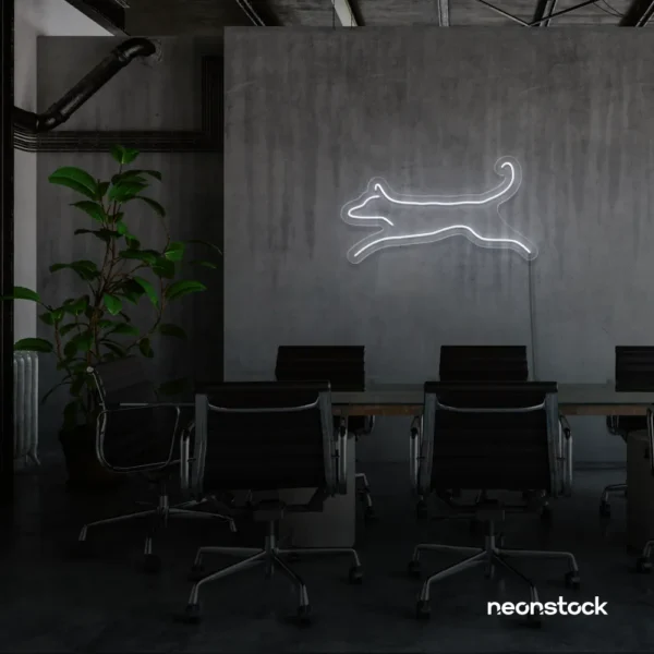 Dog neon sign in white – playful LED light decor for dog lovers and pet spaces.