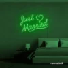 Just Married neon sign in deep green for wedding decor, bridal shower, reception backdrop