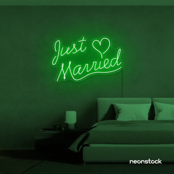 Just Married neon sign in deep green for wedding decor, bridal shower, reception backdrop