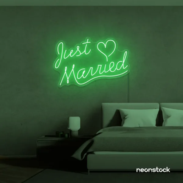 Just Married neon sign in green for wedding decor, bridal shower, reception backdrop