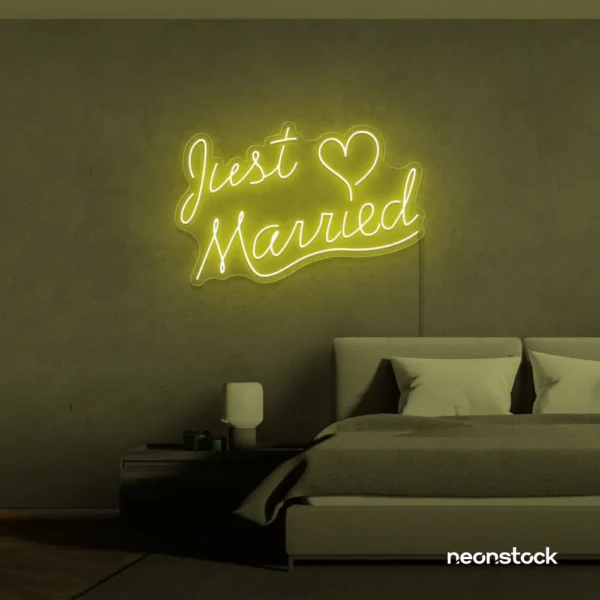 Just Married neon sign in lemon yellow for wedding decor, bridal shower, reception backdrop
