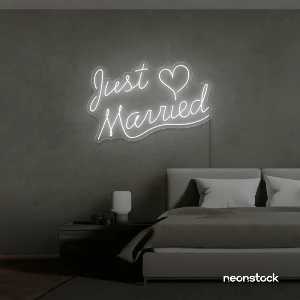 Just Married neon sign in white for wedding decor, bridal shower, reception backdrop