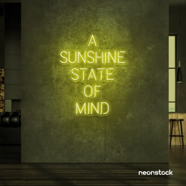 A Sunshine State of Mind neon sign in lemon yellow for beachy decor, positive vibes, and cozy spaces.