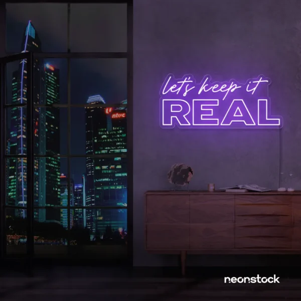 Let's Keep It Real neon sign in purple for urban decor, creative rooms, and stylish hangouts.
