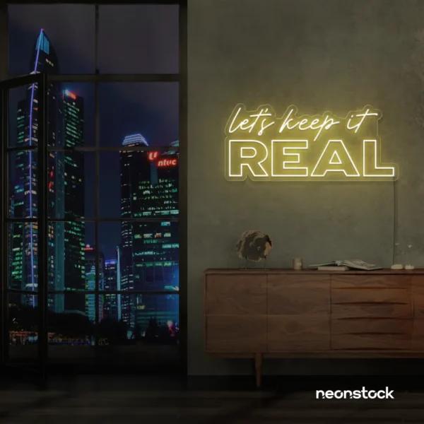 Let's Keep It Real neon sign in warm white for urban decor, creative rooms, and stylish hangouts.
