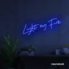 Light My Fire neon sign in dark blue for romantic decor, couple bedrooms, and Valentine’s ambiance.