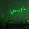 Light My Fire neon sign in deep green for romantic decor, couple bedrooms, and Valentine’s ambiance.