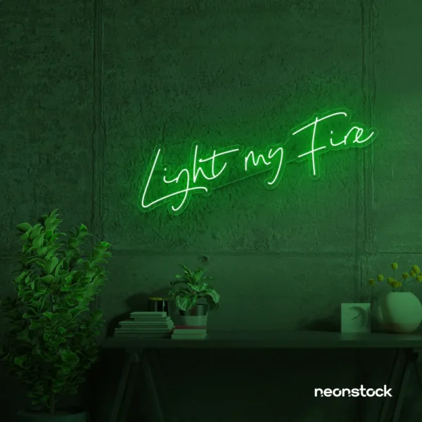 Light My Fire neon sign in deep green for romantic decor, couple bedrooms, and Valentine’s ambiance.