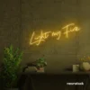 Light My Fire neon sign in golden yellow for romantic decor, couple bedrooms, and Valentine’s ambiance.