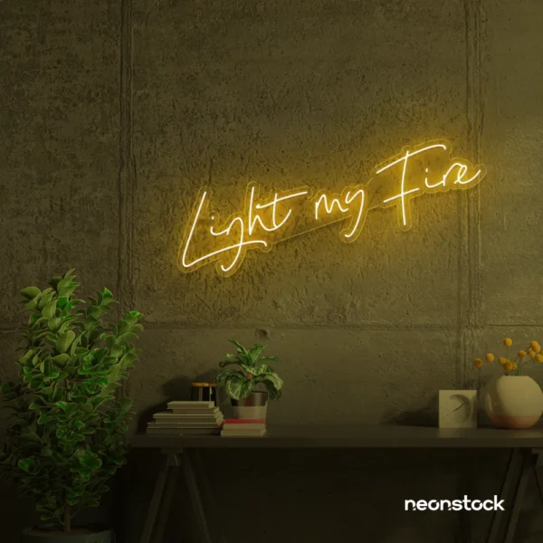 Light My Fire neon sign in golden yellow for romantic decor, couple bedrooms, and Valentine’s ambiance.