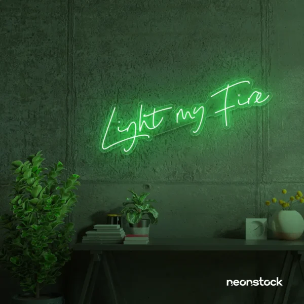 Light My Fire neon sign in green for romantic decor, couple bedrooms, and Valentine’s ambiance.