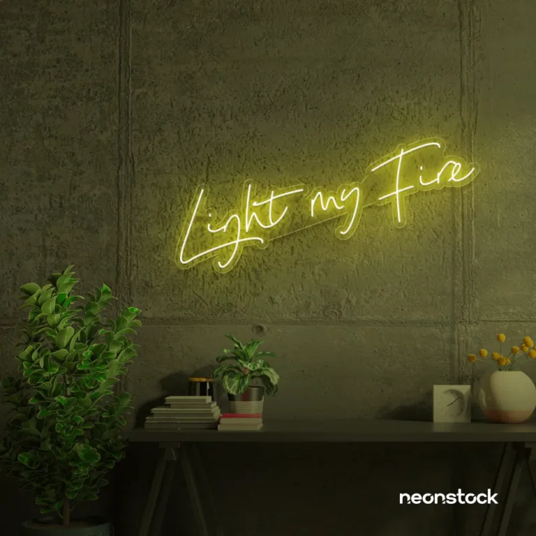 Light My Fire neon sign in lemon yellow for romantic decor, couple bedrooms, and Valentine’s ambiance.