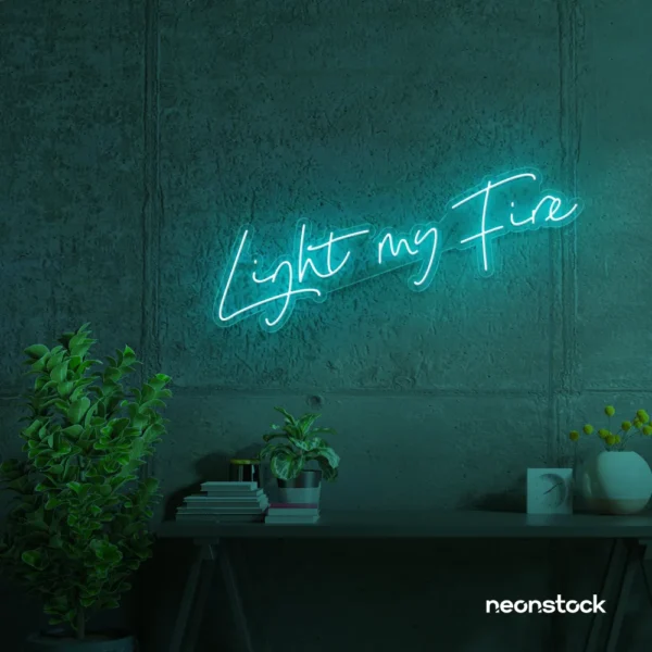 Light My Fire neon sign in mint green for romantic decor, couple bedrooms, and Valentine’s ambiance.