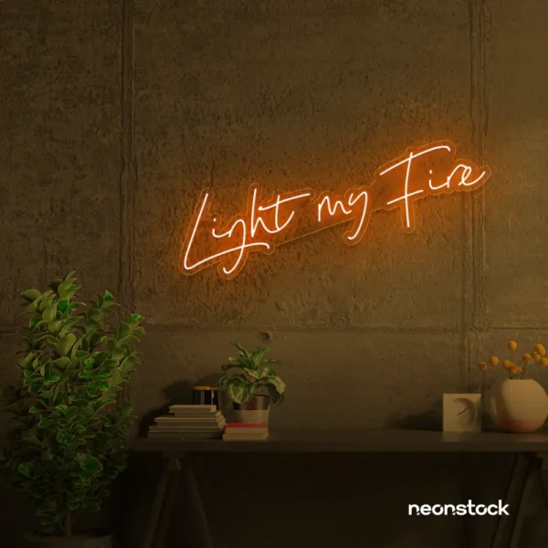 Light My Fire neon sign in orange for romantic decor, couple bedrooms, and Valentine’s ambiance.